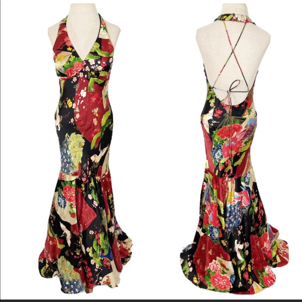 Sue Wong Red Silk Floral Peacock Maxi Evening Gown
